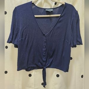 Modcloth XL navy blue flutter sleeve v-neck button tie cropped shirt